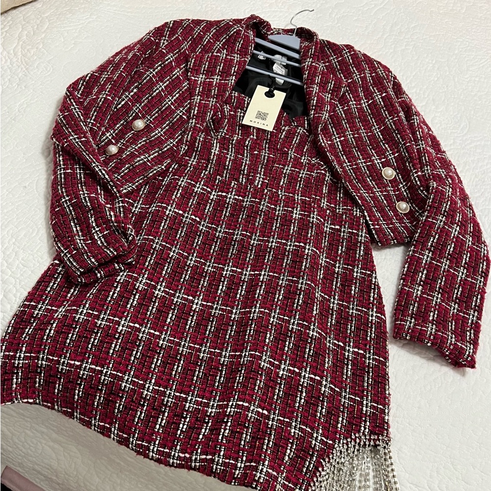 Burgundy Plaid Tweed Jacket with Pearl Accents